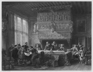 El consejo de guerra en Courtray, del cuadro en la Galería Vernon (grabado) de Louis (after) Haghe