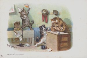 Gatos en un aula: el maestro está dormitando y los estudiantes se están portando mal (cromolitografía) de Louis (after) Wain