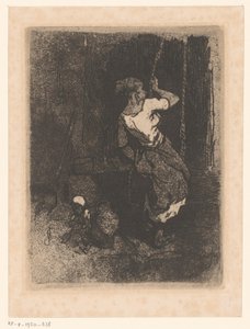 Una mujer saca agua de un pozo, junto a ella un niño sentado de Louis Adolphe Hervier (attributed to)
