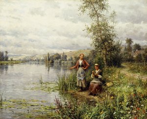 Mujeres de campo pescando en una tarde de verano de Louis Aston Knight