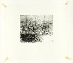 Muelle de la Villette, lámina cinco de Le Long de la Seine et des Boulevards de Louis Auguste Lepère