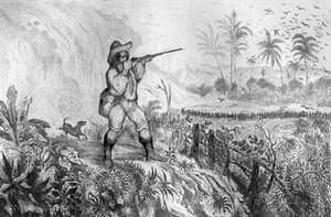 Maté a tres... grabado después del dibujo de M. de Sainson para el Libro de Daniel Defoe “Robinson Crusoe” edición francesa de 1837. de Louis Auguste de Sainson