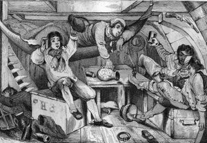 Estaba borracho y en una noche de desenfreno ahogué todos mis arrepentimientos... grabado según el dibujo de M. de Sainson para el libro de Daniel Defoe "Robinson Crusoe" edición francesa de 1837. de Louis Auguste de Sainson