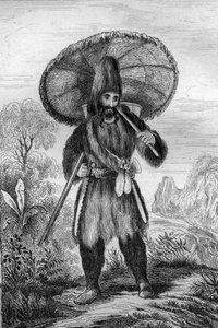 Llevaba un sombrero de una altura... grabado después del dibujo de M. de Sainson para el Libro de Daniel Defoe “Robinson Crusoe” edición francesa de 1837. de Louis Auguste de Sainson