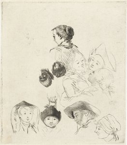 Hoja de estudio con diez cabezas de Louis Bernard Coclers