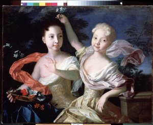 ""Retrato de las grandes duquesas Anna Petrovna (1708-1728) y Elisabeth Petrovna (1709-1761) (que será emperatriz de Rusia con el nombre de Elisabeth I). Pintura de Louis Caravaque (1684-1754) 1717 Museo Estatal Ruso de San Petersburgo de Louis Caravaque