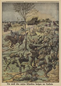 Coches blindados belgas al servicio del ejército ruso del General Brusilov atacando tropas alemanas en Galicia, Primera Guerra Mundial