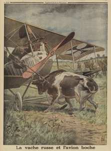Vaca impidiendo que un avión alemán despegue, Lutsk, Rusia, Primera Guerra Mundial de Louis Charles (after) Bombled