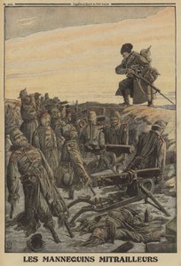 Soldado ruso descubriendo una trinchera alemana con ametralladoras manejadas por soldados maniquíes; Primera Guerra Mundial de Louis Charles (after) Bombled