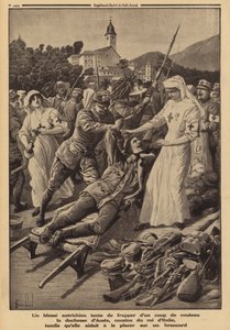 Soldado austriaco herido intentando apuñalar a la Duquesa de Aosta, prima del Rey Víctor Manuel III de Italia, trabajando como enfermera voluntaria y tratando de ayudarlo a subir a una camilla, Primera Guerra Mundial