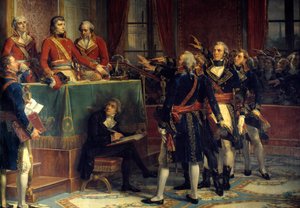 Los tres cónsules: Bonaparte, Cambacérès y Lebrun recibiendo los juramentos de los presidentes. A la derecha, Emmanuel-Joseph Sieyès (1748-1836) y Pierre-Roger Ducos (1747-1816). de Louis Charles Auguste Couder