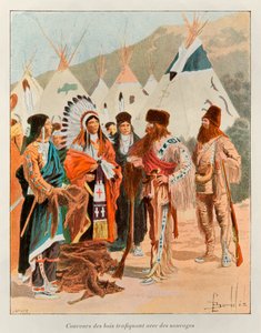 Bombled Louis (1862-1927); Corredor de los bosques traficantes con salvajes en el siglo XVIII (trampero en Canadá); Historia de Nueva Francia por Eugene Guenin - 1900 - Colección Parcial de Louis Charles Bombled