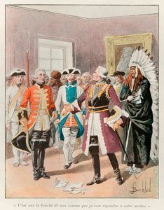 Louis de Frontenac (1622-1698) recibiendo al emisario inglés que le ordena entregar la ciudad de Quebec sin luchar en 1690, le respondió "es por la boca de mis cañones que responderé a su maestro" de Louis Charles Bombled