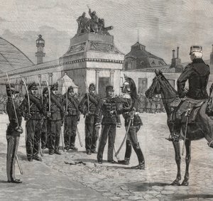 Degradación de Alfred Dreyfus - Caso Dreyfus: La degradación de Alfred Dreyfus en el patio de la Escuela Militar de París, 5 de enero de 1895. Grabado en “Le monde illustré” de 1895 - Dibujo de Bombled. de Louis Charles Bombled