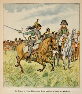 Ilustración de Bombled Louis (1862-1927) de Conde Emmanuel de Las Cases (1766-1842): un dragón advierte al emperador de la traición de uno de sus generales en la batalla de Waterloo en junio de 1815, Colección privada