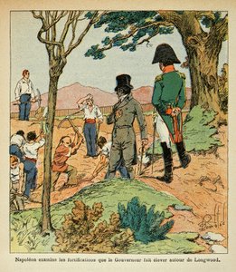 Ilustración de Bombled Louis (1862-1927) del libro “El Memorial de Santa Elena” de Conde Emmanuel de Las Cases (1766-1842): Napoleón examina las fortificaciones que el gobernador Hudson Lowe (1769-1844) levantó alrededor de Longwood, Colección privada