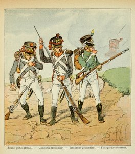 Ilustración por Bombled Louis (1862-1927) del libro “El Memorial de Santa Helena” por el Conde Emmanuel de Las Cases (1766-1842): La Guardia Joven de 1806: granadero conscripto; tirador granadero y cazador flanqueador, Colección privada de Louis Charles Bombled