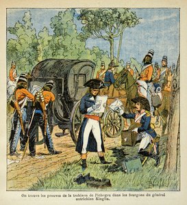 Ilustración de Louis Bombled (1862-1927) del libro "El Memorial de Santa Helena" por el Conde Emmanuel de Las Cases (1766-1842): Durante el paso del Rin, Moreau descubre la correspondencia entre Pichegru y el Príncipe de Condé en las furgonetas de de Louis Charles Bombled