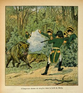 Ilustración de Louis Bombled (1862-1927) del libro "El Memorial de Santa Helena" del Conde Emmanuel de Las Cases (1766-1842): El Emperador Napoleón caza el jabalí en el bosque de Marly, colección privada de Louis Charles Bombled