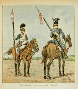 Ilustración de Bombled Louis (1862-1927) del libro “El Memorial de Santa Helena” de Conde Emmanuel de Las Cases (1766-1842): Caballos ligeros de la Guardia: Lancero francés y polaco, Colección privada de Louis Charles Bombled