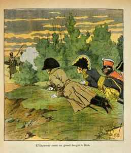 Ilustración de Louis Bombled del libro “El Memorial de Santa Helena” de Emmanuel de Las Cases: En la víspera de la batalla de Jena, el emperador Napoleón después de reconocer las líneas enemigas, se lanza al suelo cuando un centinela francés de Louis Charles Bombled