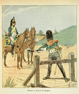 Ilustración de Louis Bombled del libro “El Memorial de Santa Helena” de Emmanuel de Las Cases: Ejército francés: Dragón y zapador dragón de Louis Charles Bombled