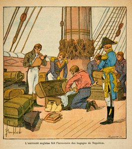 Ilustración de Louis Bombled (1862-1927) del libro “El Memorial de Santa Helena” de Emmanuel de Las Cases (1766-1842): El Almirantazgo inglés hace un inventario del equipaje del Emperador Napoleón antes de su partida hacia Santa Helena en 1815, Colección P de Louis Charles Bombled