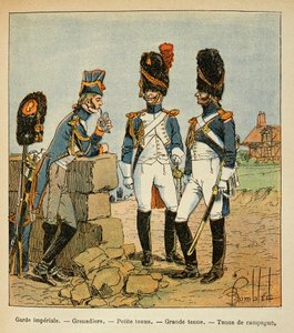 Ilustración de Louis Bombled (1862-1927) del libro “El Memorial de Santa Helena” de Emmanuel de Las Cases (1766-1842): Granaderos de la Guardia Imperial: Pequeño uniforme; gran uniforme y uniforme de campaña, Colección Privada de Louis Charles Bombled