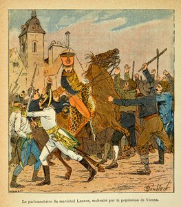 Ilustración de Louis Bombled (1862-1927) del libro El Memorial de Santa Helena de Conde Emmanuel de Las Cases (1766-1842): El parlamentario de Mariscal Lannes maltratado por la población de Viena, Colección Privada de Louis Charles Bombled