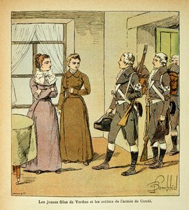 Las jóvenes hijas de Verdun y los soldados del ejército de Condé (Armee des Emigrres), de la colección privada de Louis Charles Bombled