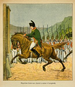 Ilustración de Bombled Louis (1862-1927) del libro “El Memorial de Santa Helena” de Conde Emmanuel de Las Cases (1766-1842): El emperador Napoleón obliga a su caballo a entrar en Longwood en Santa Helena, Colección privada
