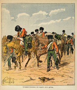 Ilustración de Bombled Louis (1862-1927) del libro “El Memorial de Santa Helena” de Conde Emmanuel de Las Cases (1766-1842): El ejército imperial cruza con dificultad las llanuras rusas antes de Moscú, Colección privada de Louis Charles Bombled