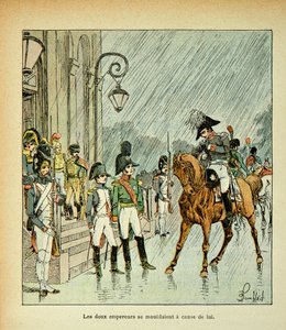 El emperador Napoleón, el rey de Prusia y el zar Alejandro I (1777-1825) en el Tratado de Tilsit en 1807, de la colección privada de Louis Charles Bombled