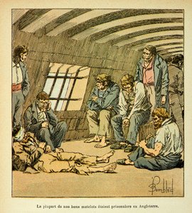 Ilustración de Louis Bombled (1862-1927) del libro "El Memorial de Santa Helena" del Conde Emmanuel de Las Cases (1766-1842): Prisioneros franceses en los pontones ingleses, colección privada