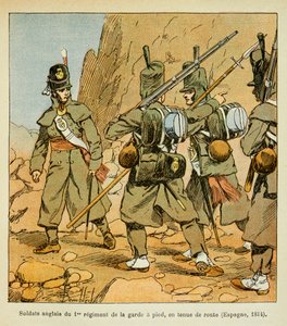 Ilustración de Louis Bombled (1862-1927) del libro "El Memorial de Santa Helena" por el Conde Emmanuel de Las Cases (1766-1842): Soldados ingleses del 1er Regimiento de la Guardia en una parada en el camino (España 1814), Colección privada de Louis Charles Bombled