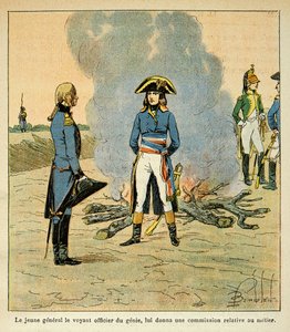 Ilustración de Louis Bombled (1862-1927) del libro "El Memorial de Santa Helena" por el Conde Emmanuel de Las Cases (1766-1842): Primer encuentro entre Bonaparte y el mariscal Henri Gatien Bertrand (1773-1844) entonces oficial del genio en el ejército de I