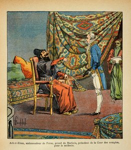 Ilustración de Bombled Louis (1862-1927) del libro “El Memorial de Santa Helena” de Conde Emmanuel de Las Cases (1766-1842): El embajador persa, Asker - Khan, en una visita a París, lleva a Francois Barbe-Marbois (Barbe Marbois) (1745-1837) de Louis Charles Bombled
