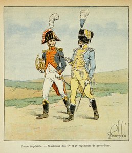 Ilustración de Bombled Louis (1862-1927) del libro “El Memorial de Santa Helena” de Conde Emmanuel de Las Cases (1766-1842): Guardia Imperial: Músicos del 1er y 2do regimiento de granaderos, Colección privada de Louis Charles Bombled
