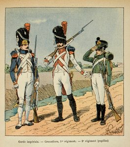 Ilustración de Bombled Louis (1862-1927) del libro “El Memorial de Santa Helena” de Conde Emmanuel de Las Cases (1766-1842): Guardia Imperial; Granadero del 1er regimiento; alumnos del 2do regimiento, Colección privada