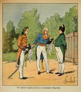 Ilustración de Louis Bombled del libro “El Memorial de Santa Helena” de Emmanuel de Las Cases: En Santa Helena, un capitán inglés presenta al emperador Napoleón a un teniente de Louis Charles Bombled
