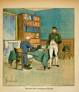 Ilustración de Louis Bombled del libro “El Memorial de Santa Helena” de Emmanuel de Las Cases: En el exilio, el emperador Napoleón dicta sus memorias al gran mariscal Henri Gatien Bertrand sobre la campaña egipcia de Louis Charles Bombled