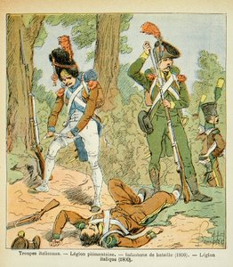 Ilustración de Louis Bombled (1862-1927) del libro “El Memorial de Santa Helena” de Emmanuel de Las Cases (1766-1842): Tropas italianas, Legión Piemontesa: Infantería de Batalla (1806), Legión Itálica (1800), Colección Privada