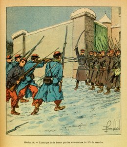 El Ejército del Este de Eugene Sergeant, conocido como Grenest, ilustrado por Louis Bombled (1862-1927) (Guerra Franco-Prusiana; campaña de 1870-1871): Enero de 1871, Hericourt, los voluntarios franceses del 57, eme de marche en l