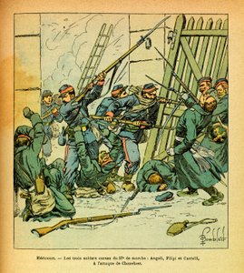 El Ejército del Este de Eugene Sergeant, conocido como Grenest, ilustrado por Louis Bombled (1862-1927): Enero de 1871, Hericourt, soldados corsos del 57º marchan al asalto del pueblo de Chenebier, Colección Privada