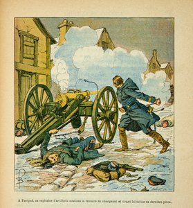 El ejército del Loira por Eugene Sergent, ilustrado por Louis Bombled (Guerra Franco-Prusiana; campaña de 1870-1871): En Parigné, un capitán de artillería apoyó la retirada cargando y disparando su última pieza en enero de 1871, Colección de Louis Charles Bombled