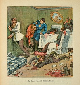 El Ejército del Loira por Eugene Sergent, conocido como Grenest, ilustrado por Louis Bombled (1862-1927) (Guerra Franco-Prusiana; campaña de 1870-1871): Una habitación en el Hotel de France en Mans, borrachos de los prusianos, Colección Privada de Louis Charles Bombled