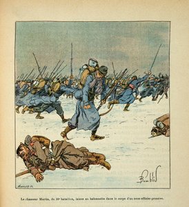 El ejército del Loira por Eugene Sergent, ilustrado por Louis Bombled (Guerra Franco-Prusiana; campaña de 1870-1871): Batalla de Le Mans, enero de 1871, el cazador Martin del 10º Batallón deja su bayoneta en el cuerpo de un prusiano de Louis Charles Bombled