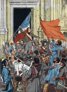 Proclamación de la Segunda República, Revolución de 1848: Alphonse de Lamartine (1790-1869), rechazando la bandera roja como emblema de la República y prefiriendo la bandera tricolor, durante un discurso en el Ayuntamiento de París, 25 de febrero