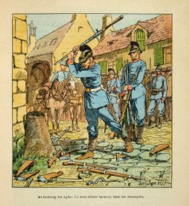El ejército del Loira por Eugene Sergent, ilustrado por Louis Bombled (Guerra Franco-Prusiana; campaña de 1870-1871): Después de la captura de la ciudad de Orleans en octubre de 1870, un suboficial bávaro rompió los cazadores. (fusiles dejados de Louis Charles Bombled