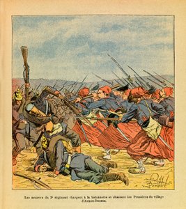 El Ejército del Este de Eugene Sergeant, conocido como Grenest, ilustrado por Louis Bombled (1862-1927): Los zuavos del 3º Regimiento cargan a bayoneta y expulsan a los prusianos del pueblo de Auxon-Dessus durante